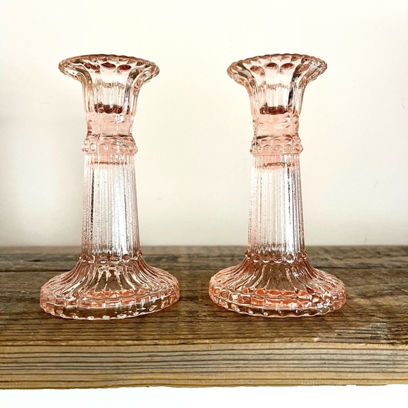 Elegant Pink Glass Candlesticks set of 2 - Picture 1 of 4